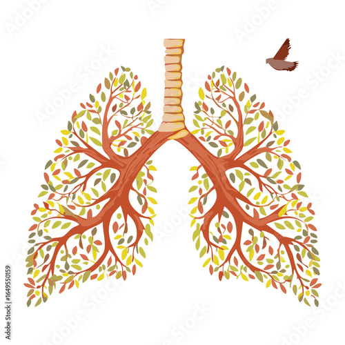Illustration of the human lungs with natural elements in autumn