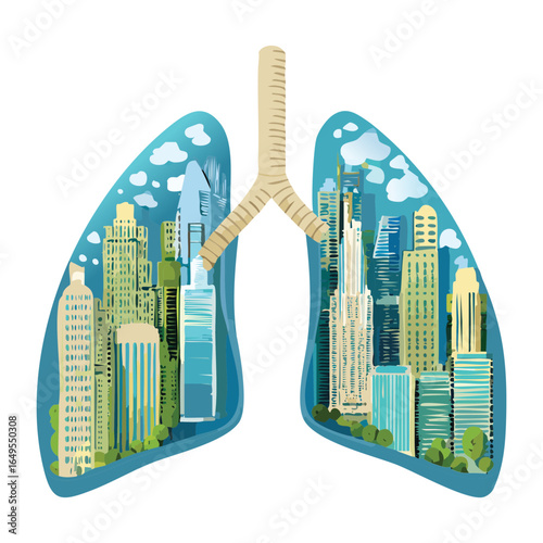 Illustration of city pollution with buildings inside the human lungs