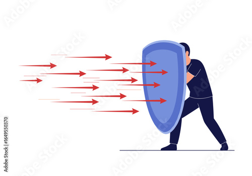 Person defending against incoming attacks with a shield symbolizing protection and resilience