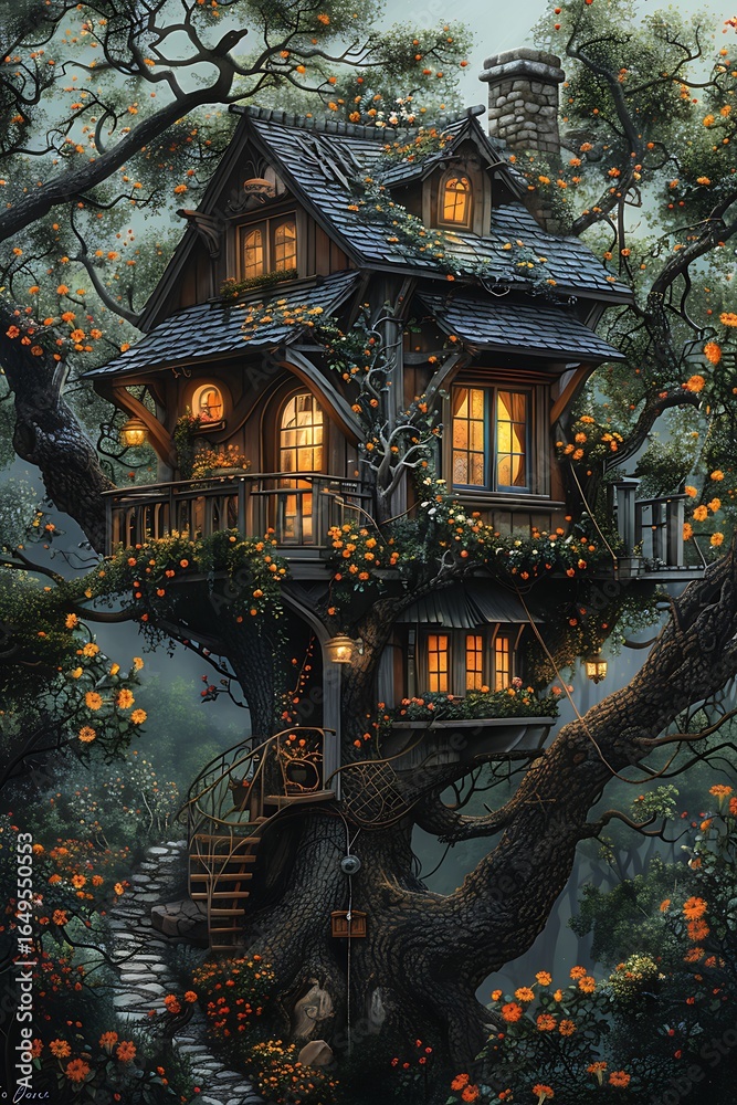 Obraz premium Fairytale wooden treehouse nestled among tall trees high resolution picture