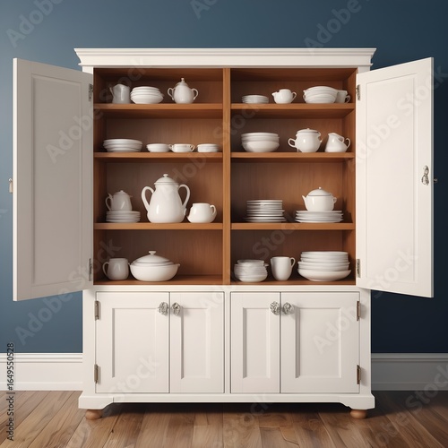 Elegant Wooden Pantry Cabinet with Open Doors and Organized Shelves