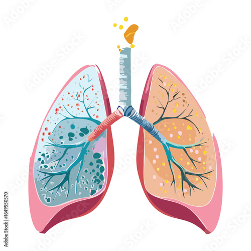  An educational illustration of a pair of human lungs, highlighting the internal respiratory structure and blood vessels in a clear way