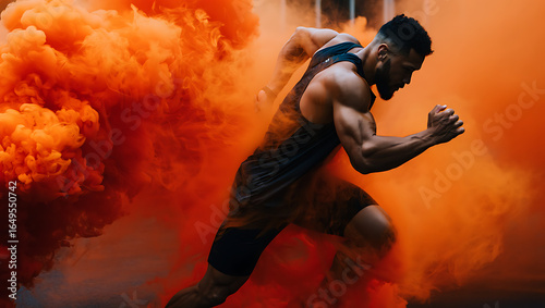 Muscular man running through vibrant orange smoke during an intense fitness workout