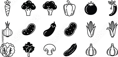 A collection of black and white vegetable icons including broccoli carrot and corn in a flat design style