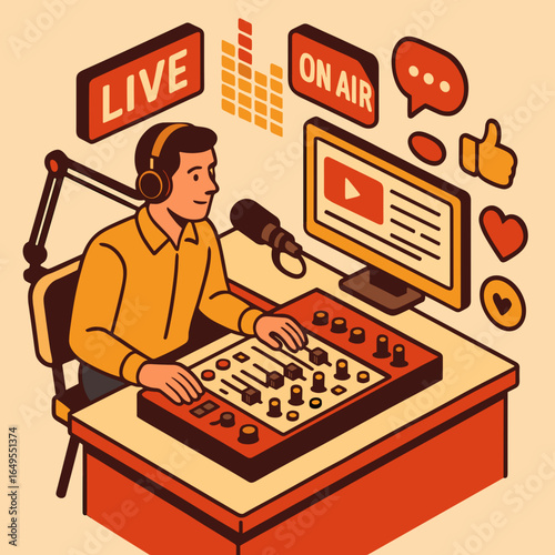 Live streaming setup illustration featuring a broadcaster with audio mixer and screen in a vibrant studio