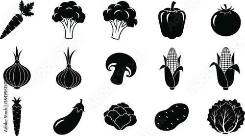 A collection of black and white vegetable icons including carrots broccoli and corn on a white background