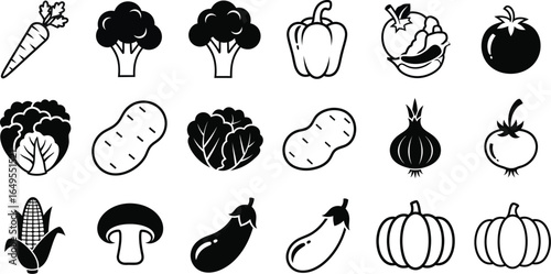 A collection of black and white vegetable icons including carrot broccoli tomato and other produce items