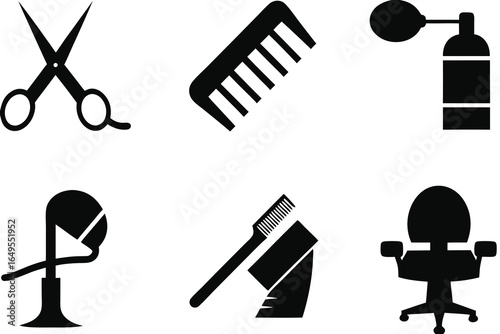 Set of high quality icons Black Silhouettes of Hairdressing Tools on White salon barber