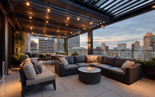 Urban rooftop patio with modern furnishings and city views.
