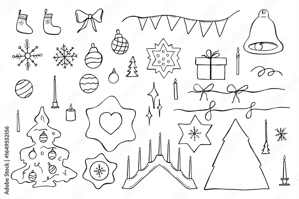 Obraz premium Monochrome vector doodle set of Christmas elements painted by black inks. Baubles, stars, socks, wooden tree, garland, gifts for Scandinavian Xmas greeting card, holiday home decor, festive packaging
