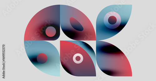 Abstract shapes overlap, creating vibrant color gradients. Composition feels modern, dynamic, visually interesting. Soft background enhances forms.