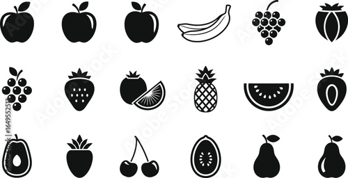 A collection of various fruit icons including apples bananas grapes and other tropical fruits displayed