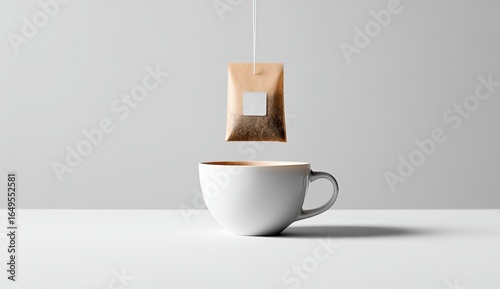 Tea bag suspended above a cup