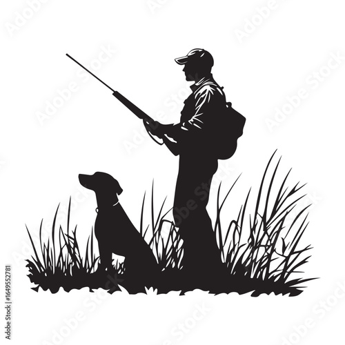 a hunter with a dog silhouette, Hunter with dog silhouette, bond in nature, hunting dog silhouette, hunting with dog vector illustration art