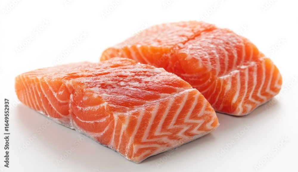 Two raw salmon fillets, slightly frosted, against white background Two raw salmon fillets, slightly frosted, against white background