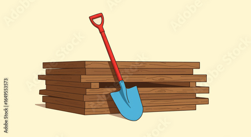 Red shovel on stack of wooden planks representing carpentry and construction work for Labour Day
