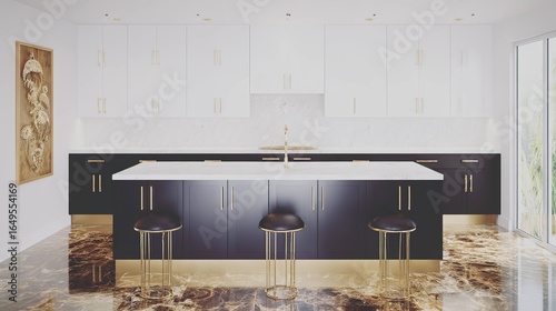 Modern kitchen interior with dark cabinets and gold accents