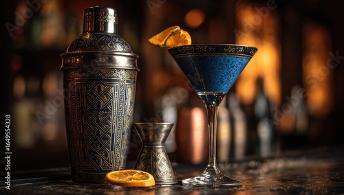 A vibrant blue cocktail, garnished with orange slice, sits beside a vintage cocktail shaker and jigger on a bar
