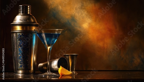 Still life of a cocktail shaker, martini glass, and jiggers, with a vibrant blue cocktail and lemon slice, against a textured backdrop