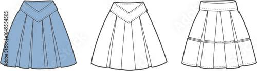 CAD drawing flat vector illustration, pleated skirt design template, fashion technical sketch, tiered skirt, V waistband, apparel mockup