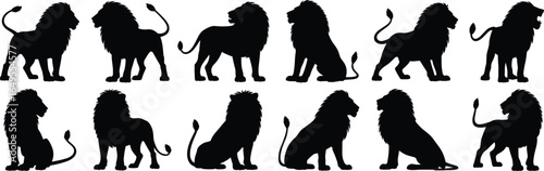 Lion silhouette vector set, wild animal poses collection, majestic African lion shapes, standing sitting lying down, wildlife illustration for design