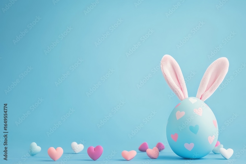 Obraz premium Easter egg with bunny ears and colorful hearts on blue background, festive holiday banner design for Easter celebration concept