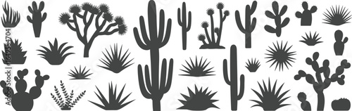 Silhouette collection of various cactus and succulent plant types, desert flora vector set for botanical, educational, nature-themed design and illustration projects