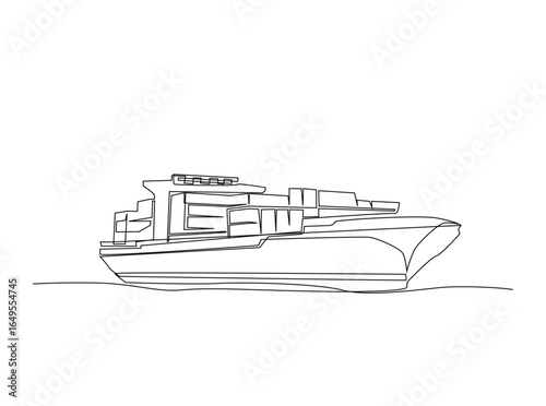 Container cargo ship outline drawing illustration. Continuous line art drawing of cargo ship transportation. Editable stroke.