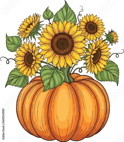  Pumpkin with sunflowers isolated on white background