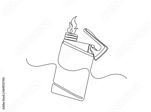 Lighter outline illustration. Continuous line art drawing of  lighter with a burning flame. Editable stroke.