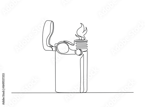 Lighter outline illustration. Continuous line art drawing of  lighter with a burning flame. Editable stroke.