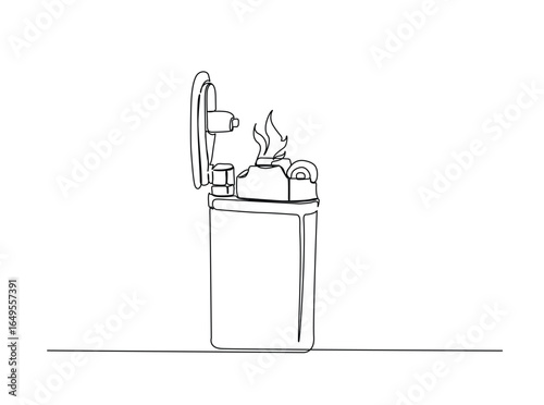 Lighter outline illustration. Continuous line art drawing of  lighter with a burning flame. Editable stroke.