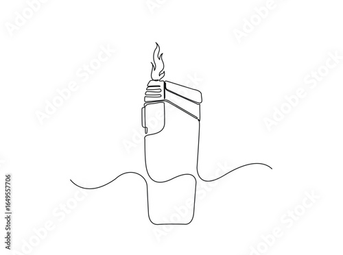 Lighter outline illustration. Continuous line art drawing of  lighter with a burning flame. Editable stroke.