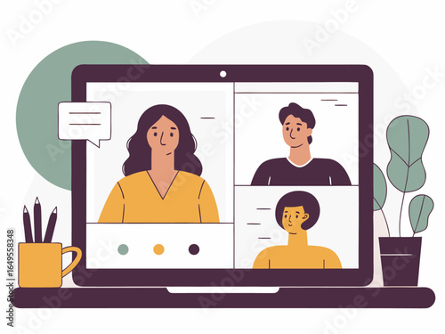 Flat design concept of remote employee joining virtual meeting with team using laptop