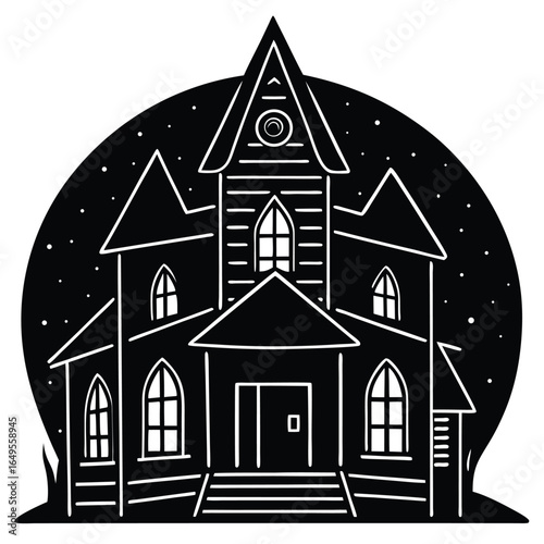 Minimalist line art of a creepy haunted house