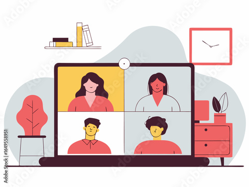 Flat design concept of remote employee joining virtual meeting