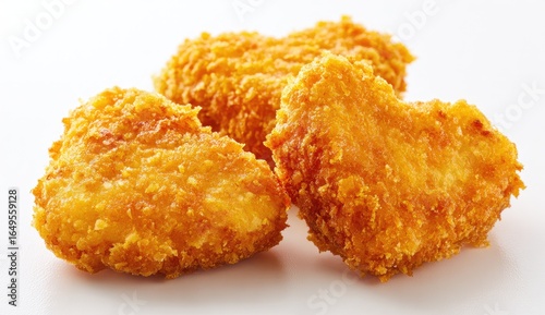 Crispy golden-brown chicken nuggets, heart-shaped, close-up