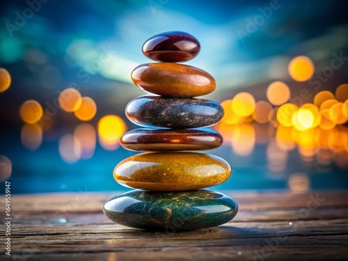 Tapety artystyczne Improbable Balance: Glowing Stone Stack - Wellness Tech & Stability