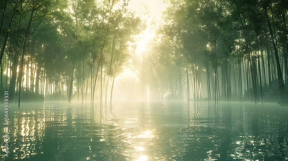 Obraz premium Serene misty bamboo grove in morning glow high resolution picture