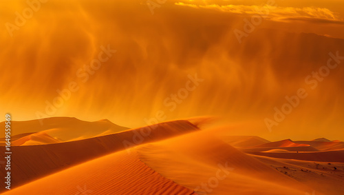 Fototapeta Naklejka Na Ścianę i Meble -  Golden desert sand dunes sculpted by wind under a dramatic fiery orange sky at sunset