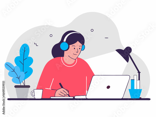Freelancer woman working from home with headphones laptop notebook