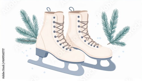 Pair of White Ice Skates with Blue Accents and Pine Branches Pixel Art Illustration