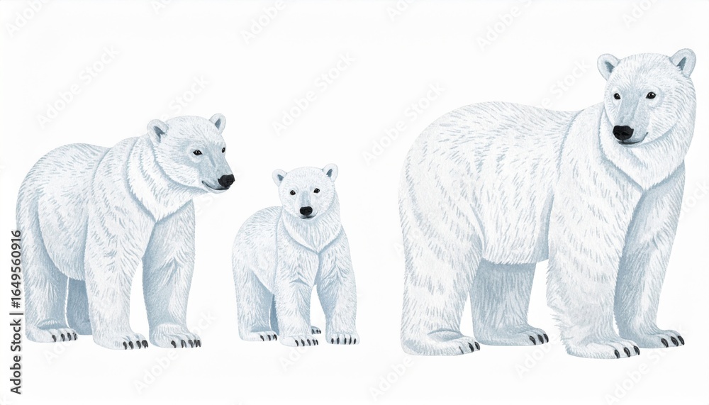 Fototapeta premium Illustration of a Polar Bear Family with Two Cubs Isolated on White Background