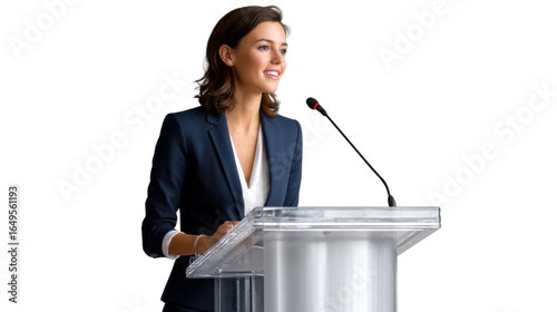 Public Speaking with Confidence: A poised woman, delivers a speech with grace and conviction, at the podium. The setting exudes professionalism and communication.