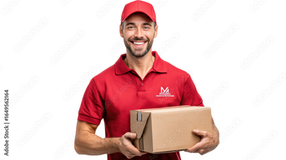 Prompt Courier's Smile: A cheerful courier, clad in a red uniform, beams with a welcoming smile while securely delivering a neatly packaged parcel, epitomizing reliable service. Prompt Courier's Smile: A cheerful courier, clad in a red uniform, beams with a welcoming smile while securely delivering a neatly packaged parcel, epitomizing reliable service.