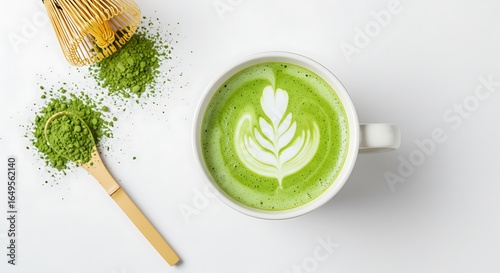 Top view of a hot matcha green tea latte with foam art, powder, and a bamboo whisk on a white table.
