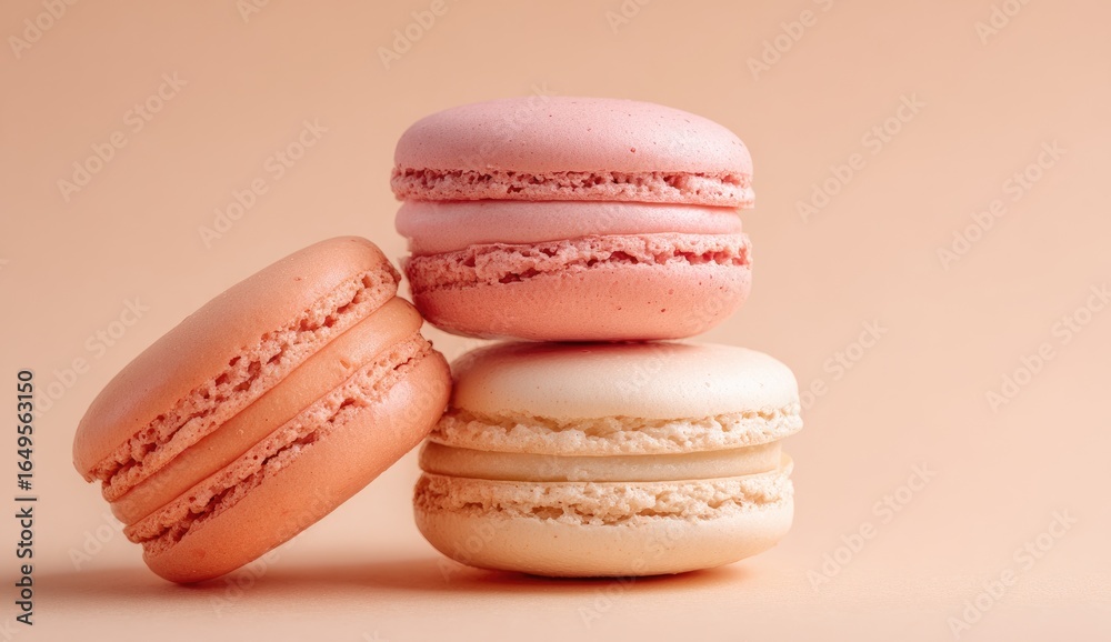Fototapeta premium Three pastel-colored macarons stacked on a peach background