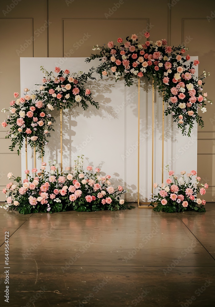 Naklejka premium Elegant pink floral archway with gold accents, perfect for weddings and special events