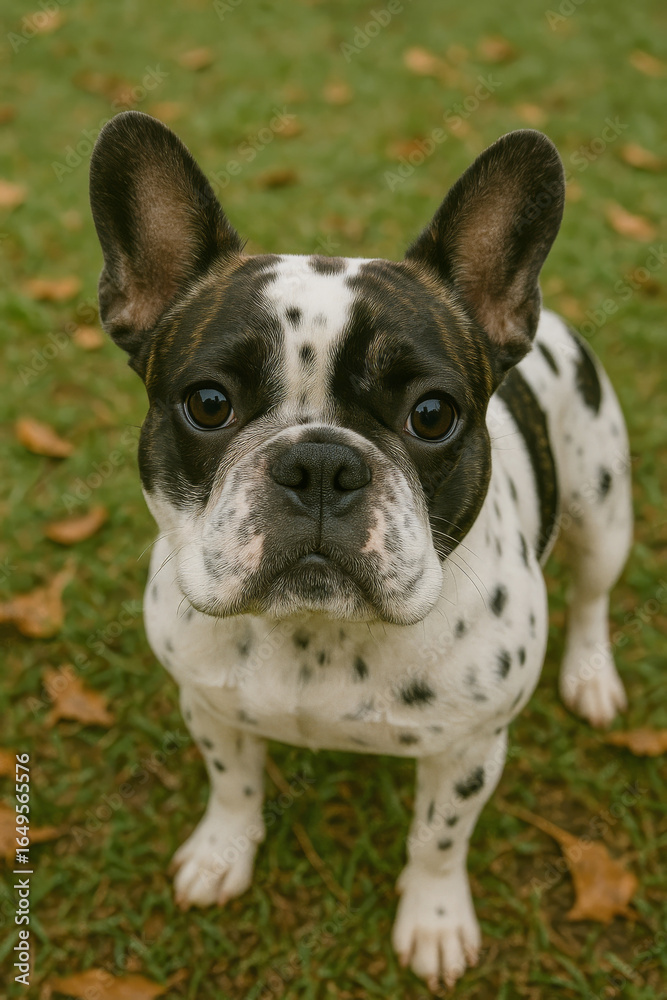 Fototapeta premium AI-generated image of a cute French Bulldog pup looking at the camera at a home's backyard