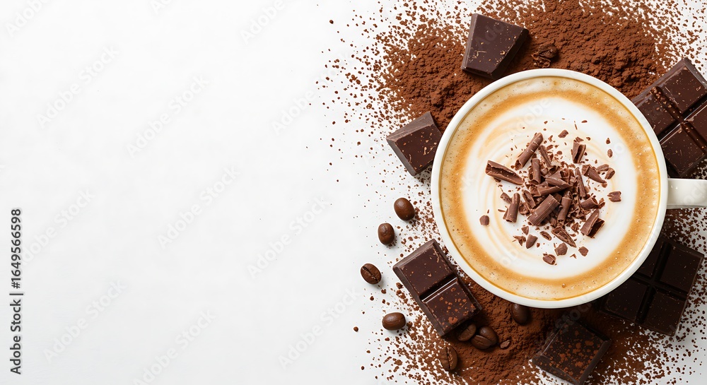 Obraz premium Top view of a delicious cappuccino coffee with dark chocolate pieces and cocoa powder on white